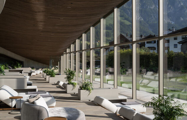Modernes Lounge-Ambiente mit Naturmaterialien und Bergblick