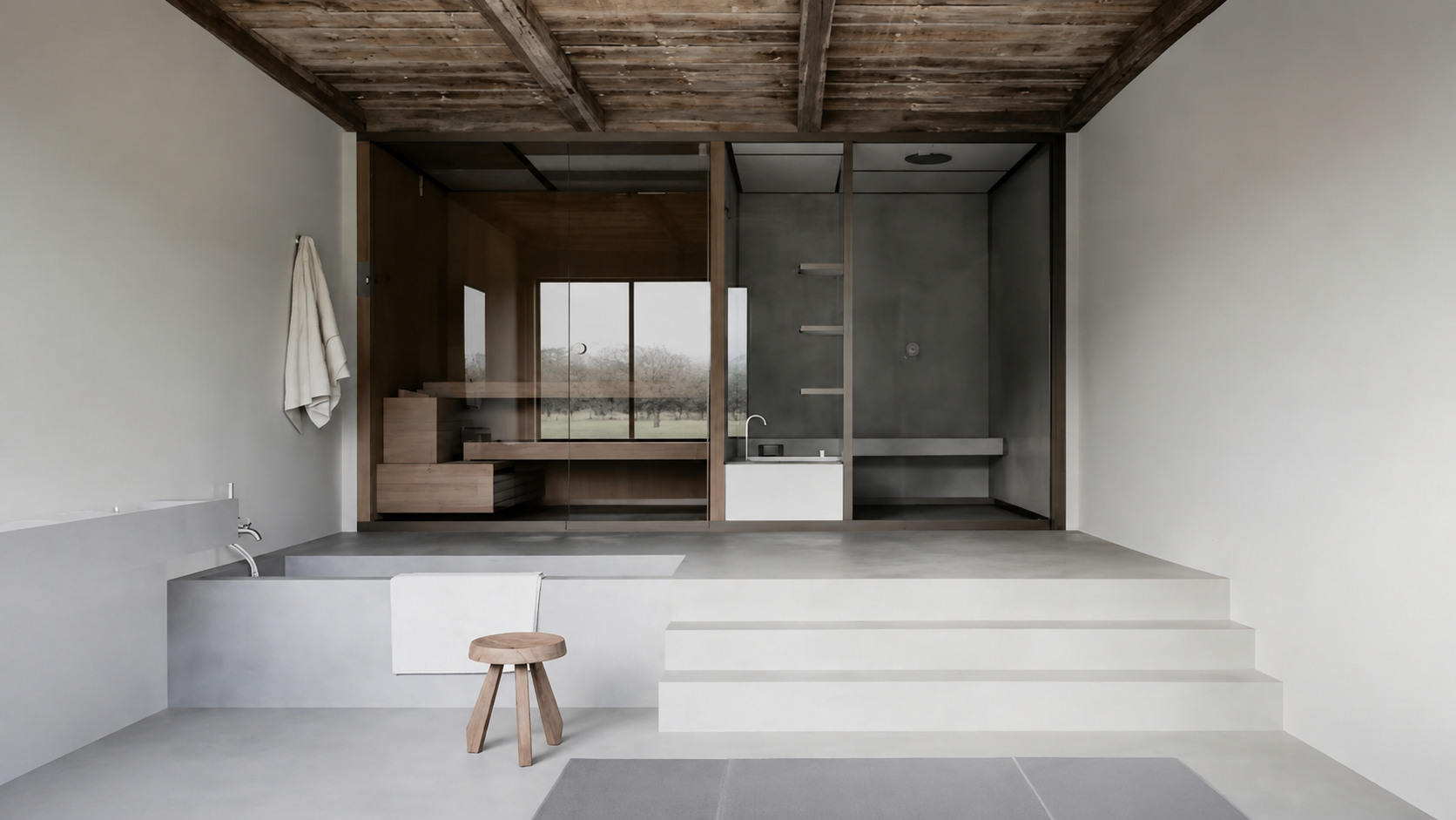 Reduziertes Interieur mit grauen Oberflächen und Holzdecke